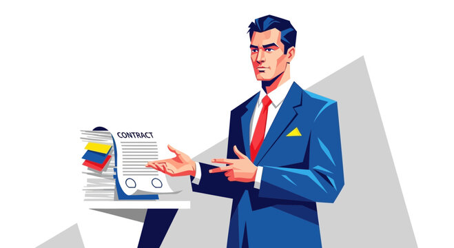 Businessman presenting a contract agreement with stack of documents.
