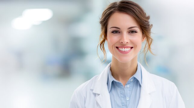 Confident Doctor Portrait: A portrait of a woman doctor, exuding confidence and a warm smile, wearing a white coat against a blurred background, representing healthcare professionals and medicine.