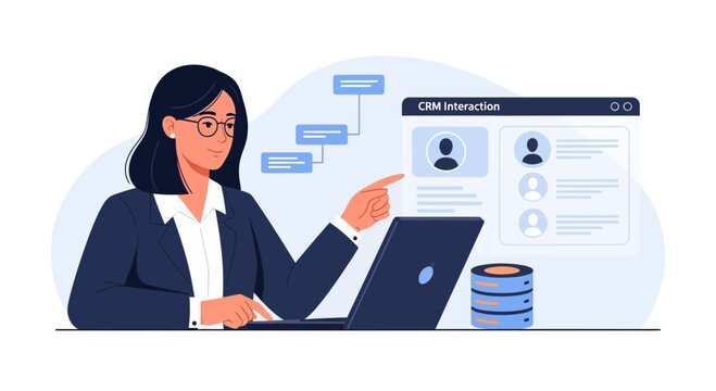 Businesswoman managing CRM interaction on laptop with database icon