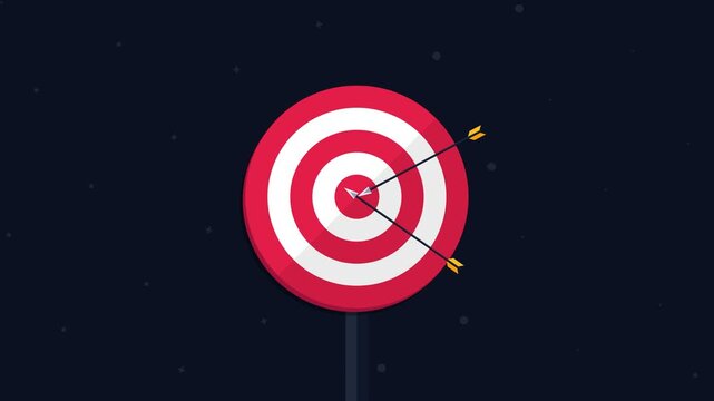 Minimalist Vector Archery Target with Arrows Hitting Bullseye Center on Dark Background for Business Strategy Success and Achievement Concept