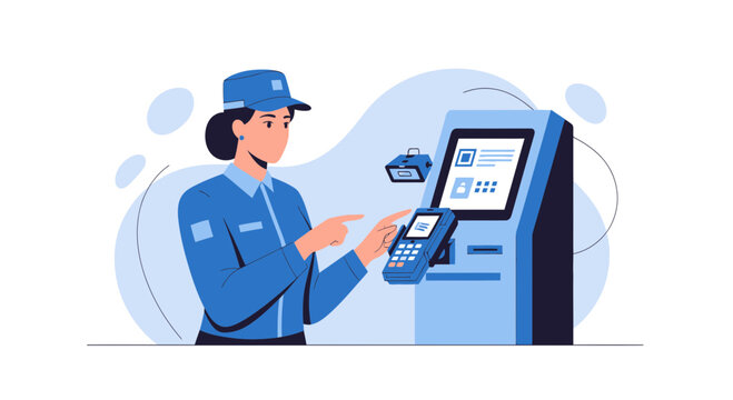 Cashier using payment terminal and self-service kiosk for customer transactions
