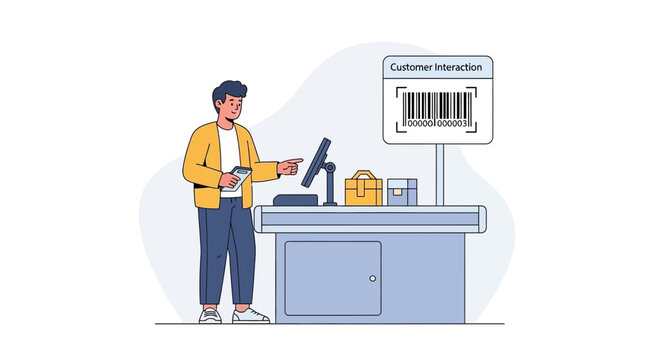 Customer interaction at checkout with barcode display and person at point of sale
