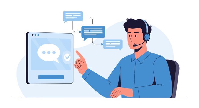 Customer service agent with headset and chat interface, digital communication, support concept