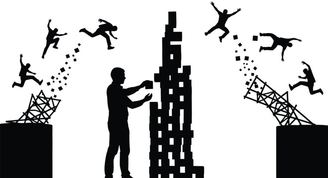 Silhouette of a man building a tower while others fall from collapsing structures