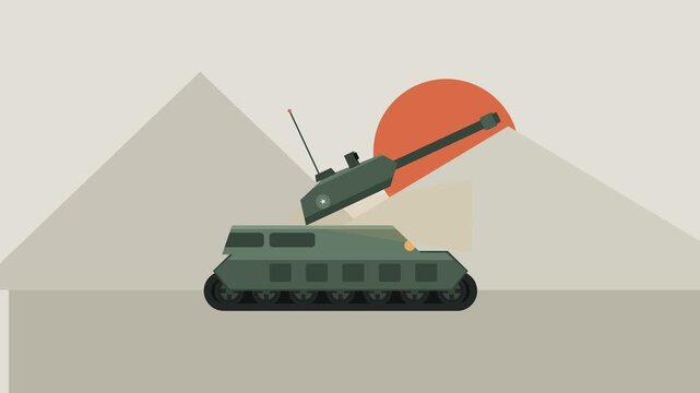 Stylized flat design military tank aiming cannon turret upward in a minimalist desert landscape with orange sun for defense concept