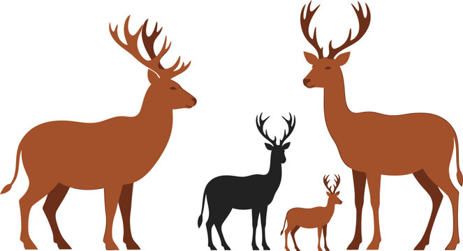 Deer Family Silhouettes Isolated on White Background