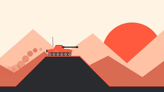 Minimalist Flat Vector Tank Driving Over Desert Mountain Terrain During Sunset Concept with Bold Geometric Shapes and Warm Orange Lighting