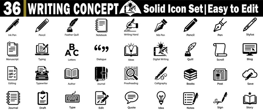 Writing concept solid icons, easy to edit elements to use set.
