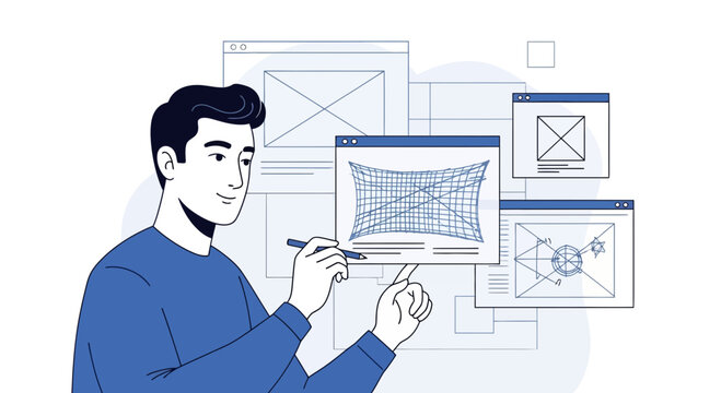 Designer planning web interface layout with wireframes and blueprints