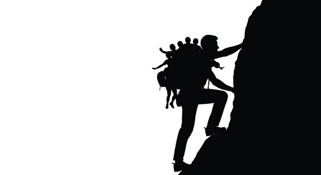 Silhouette of a man climbing a mountain with children on his back