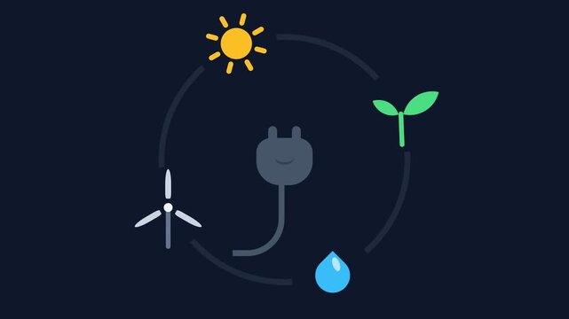 Renewable Energy Icons Rotating Around Electric Plug Symbolizing Sustainable Power Solutions and Clean Green Technology on Dark Background