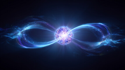 Naklejka premium Cosmic Energy Nexus: A captivating, bright celestial body at the core radiates intense energy, gracefully swirling outwards, forming a mesmerizing figure eight against a dark cosmos.