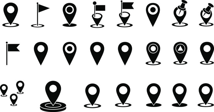 Location Pin and Map Marker Icon Set with Navigation Symbols, GPS Points, Flags, and Geolocation Indicators for Travel and Apps