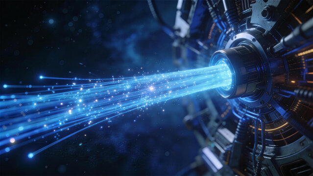 Abstract Beam of Light in Space: An enigmatic display of vibrant energy beams radiating outwards from a futuristic device in the cosmic expanse, invoking the vastness of the universe.