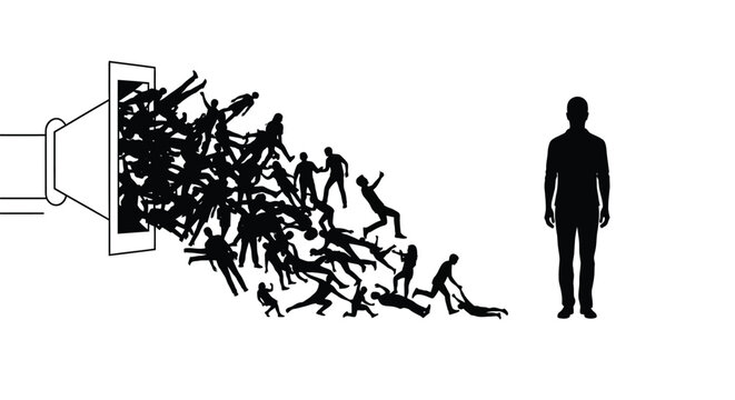 A man stands alone as a crowd of people pours out of a television screen in a chaotic rush to freedom suddenly