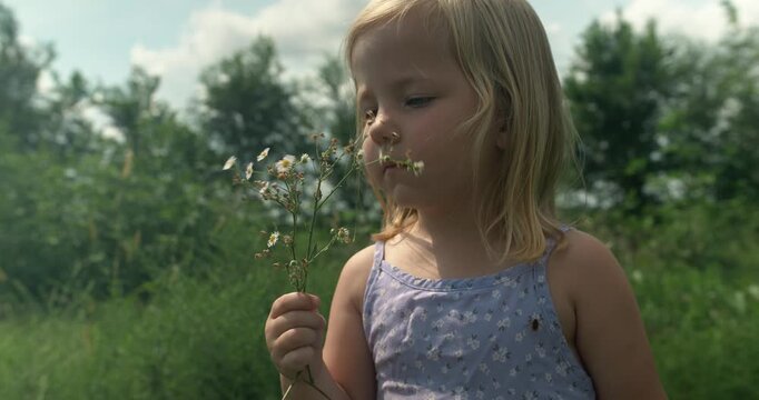 A child gently smells a flower, appreciating the simple beauty of nature. The moment feels quiet and intimate.