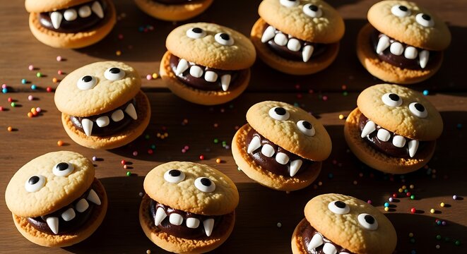 Monster Cookies with Chocolate Filling and Candy Eyes