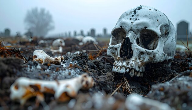 Human Skull and Bones Scattered in a Misty Cemetery