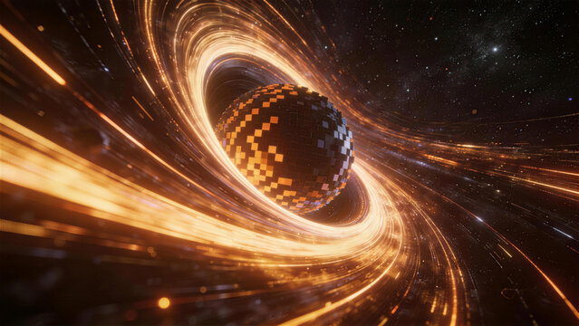 Cosmic Vortex: A mesmerizing depiction of a black hole, with swirling light and energy, illustrating the immense gravitational pull of this celestial phenomenon.
