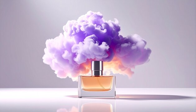 Luxury perfume bottle with ethereal purple smoke cloud and reflective surface