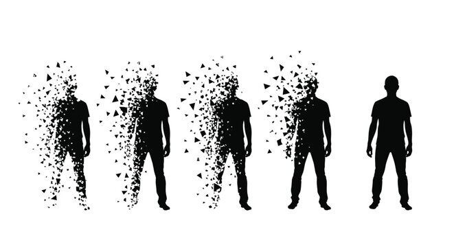 Silhouettes of men disintegrating into particles on white background