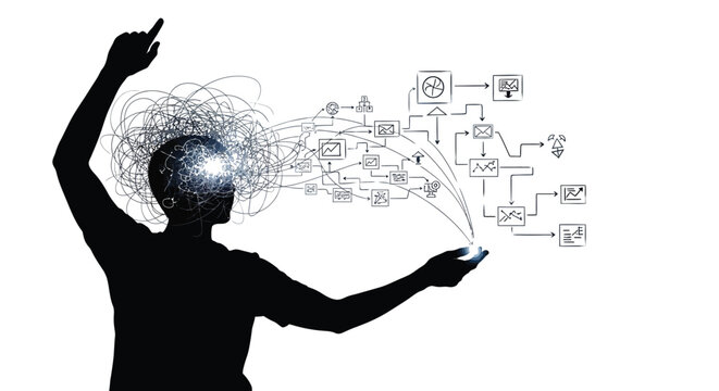 Person with a digital brain interface on a phone and complex data flow