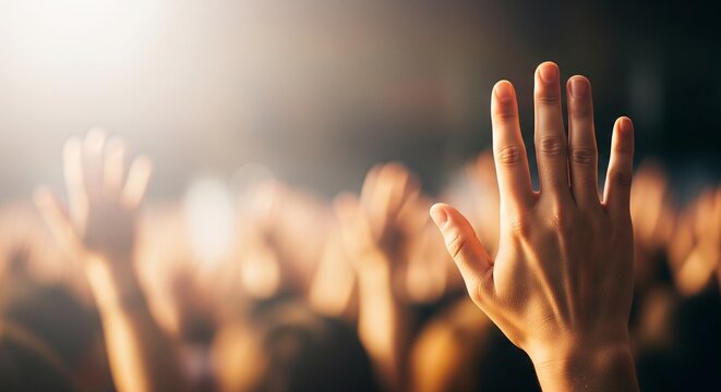 Raised Hands in Audience at Concert or Event with Bright Spotlight