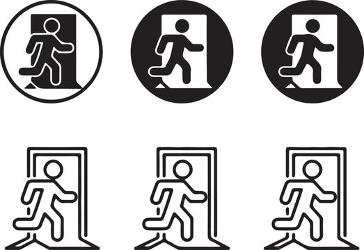 Simple black and white emergency exit signs depicting a running person moving through a doorway