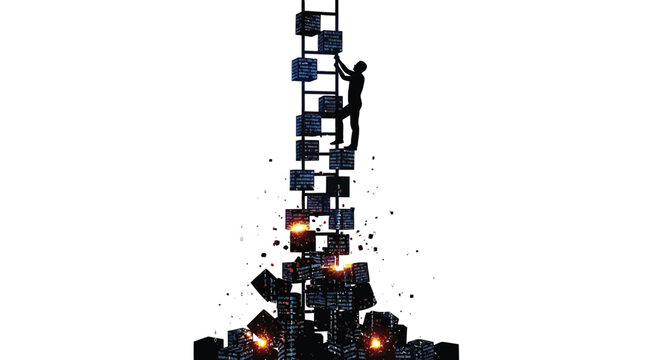 Man climbing ladder with code blocks and data cubes in a digital illustration