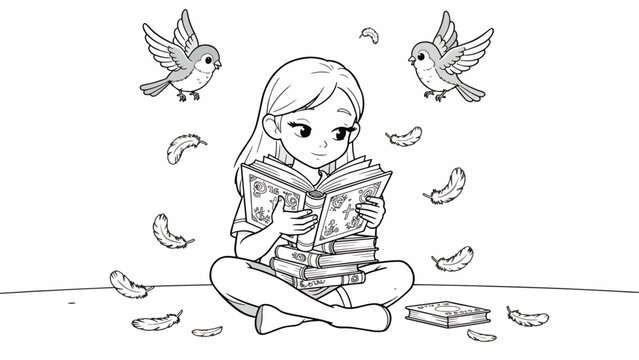 Girl sitting cross-legged reading books.