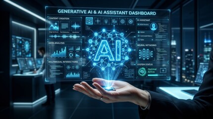 Fototapeta premium Hand holding glowing AI symbol in futuristic office