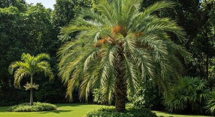 Obraz premium Two palm trees on a lawn, surrounded by green foliage, in bright daylight