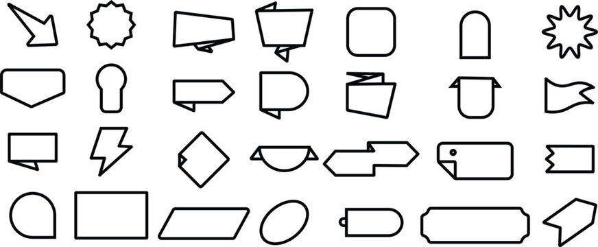 Abstract geometric outline icons set with arrows labels speech bubbles shapes interface symbols minimal vector collection isolated on transparent background