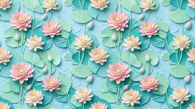 Pink lotus flowers and green lily pads on blue background