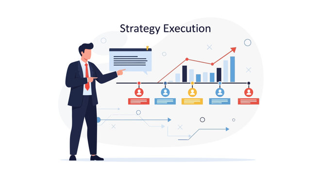 Business strategy execution concept with upward graph and timeline.