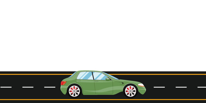 Vector illustration of a green luxury sedan car driving on a multi-lane highway. Side profile view. Isolated white background above the road.
