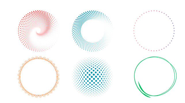 Set of colorful halftone circle shapes and dotted ring design elements