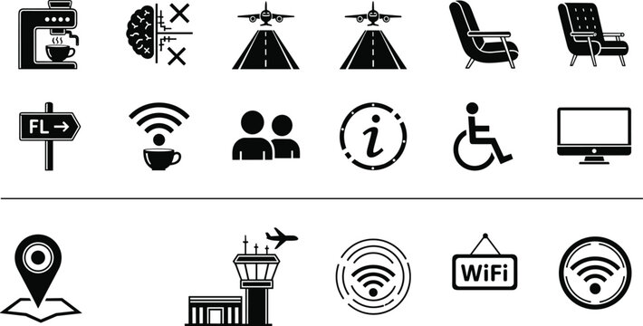 Travel and Airport Icon Set Featuring Airplane, Runway, Lounge, Wifi, Navigation, Accessibility, and Passenger Services Symbols in Solid Vector Style