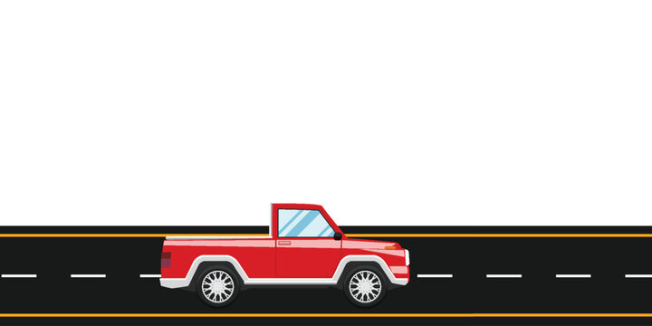 Flat vector illustration of a red pickup truck driving on an asphalt road with yellow lines, isolated on a white background. Concept for transportation, delivery, and automotive industry.