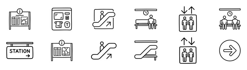 Public transit navigation icon set with station signs, escalators, elevators and waiting area symbols on transparent background © Maksym