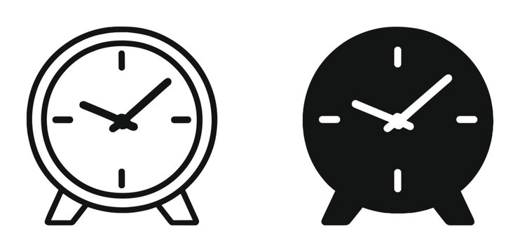 Round clock icon in outline and solid style for time, schedule and reminder concepts on transparent background