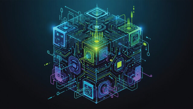 A futuristic 3d cube composed of neon lit circuit boards and microchips on a dark background.