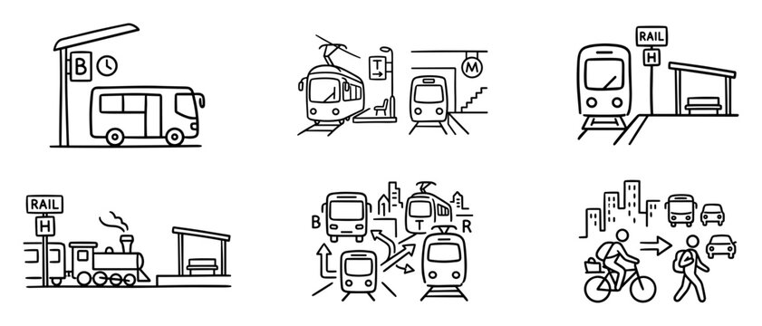 Public transport outline icon set with train, tram, bus station and urban transit symbols on transparent background