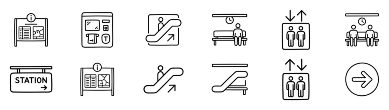 Public transit navigation icon set with station signs, escalators, elevators and waiting area symbols on transparent background