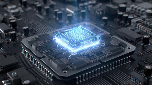 Futuristic AI semiconductor processor chip with glowing digital circuit board technology background
