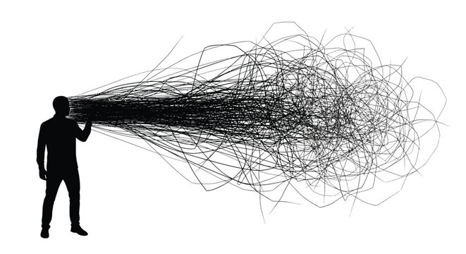 Man in black silhouette with complex network lines coming out of his head