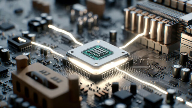 Futuristic AI semiconductor processor chip with glowing digital circuit board technology background