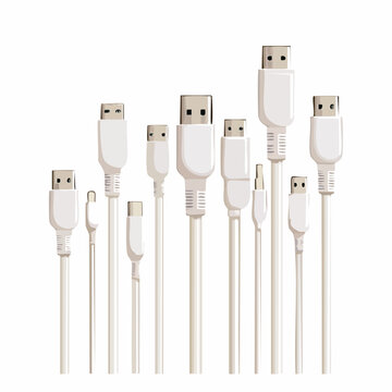 Collection of assorted white USB and HDMI cables with connectors on white background