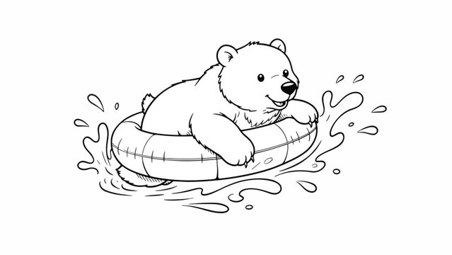 Polar bear on inflatable raft floating.