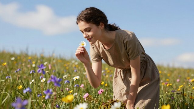 Young woman smelling daisy in wildflower meadow outdoors